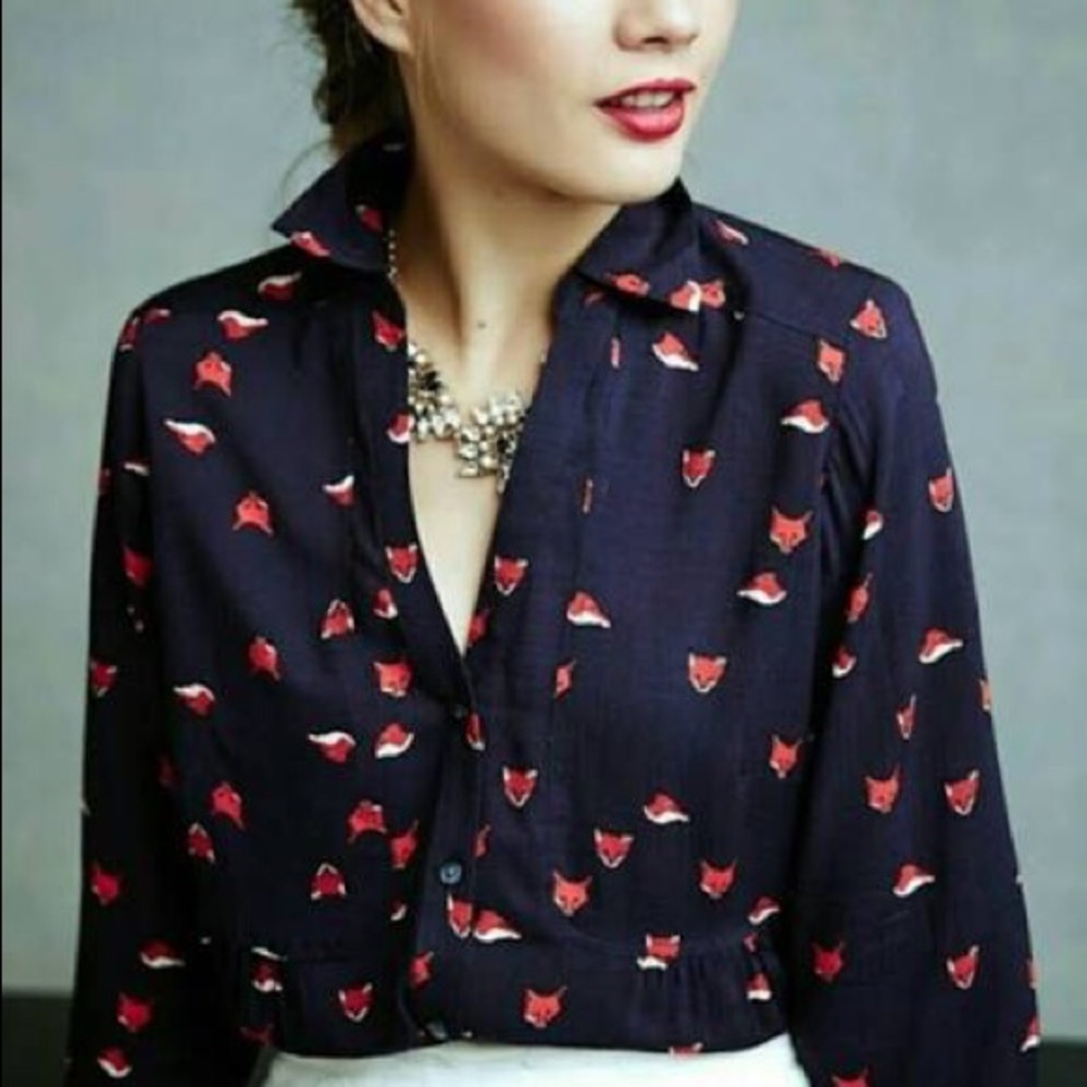 Anthropologie Navy Blouse with Red Fox Print